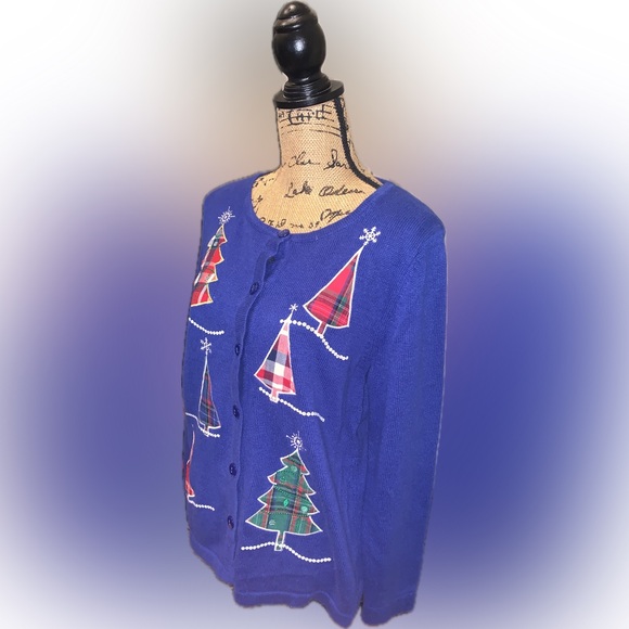 Vintage Festive Blue Knit Sweater Embroidered Sequins Plaid Trees Snowflakes XL - Picture 2 of 12